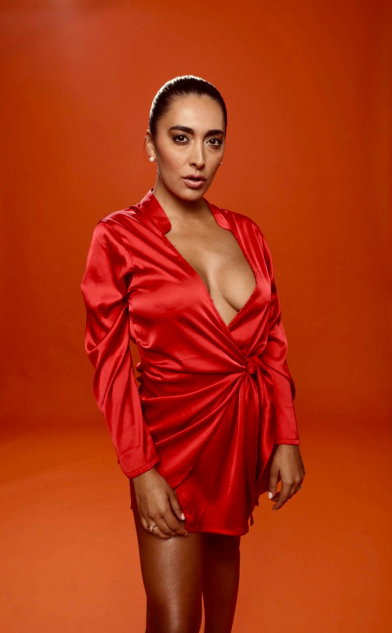 Crimson silk wrap dress — terracotta studio portrait