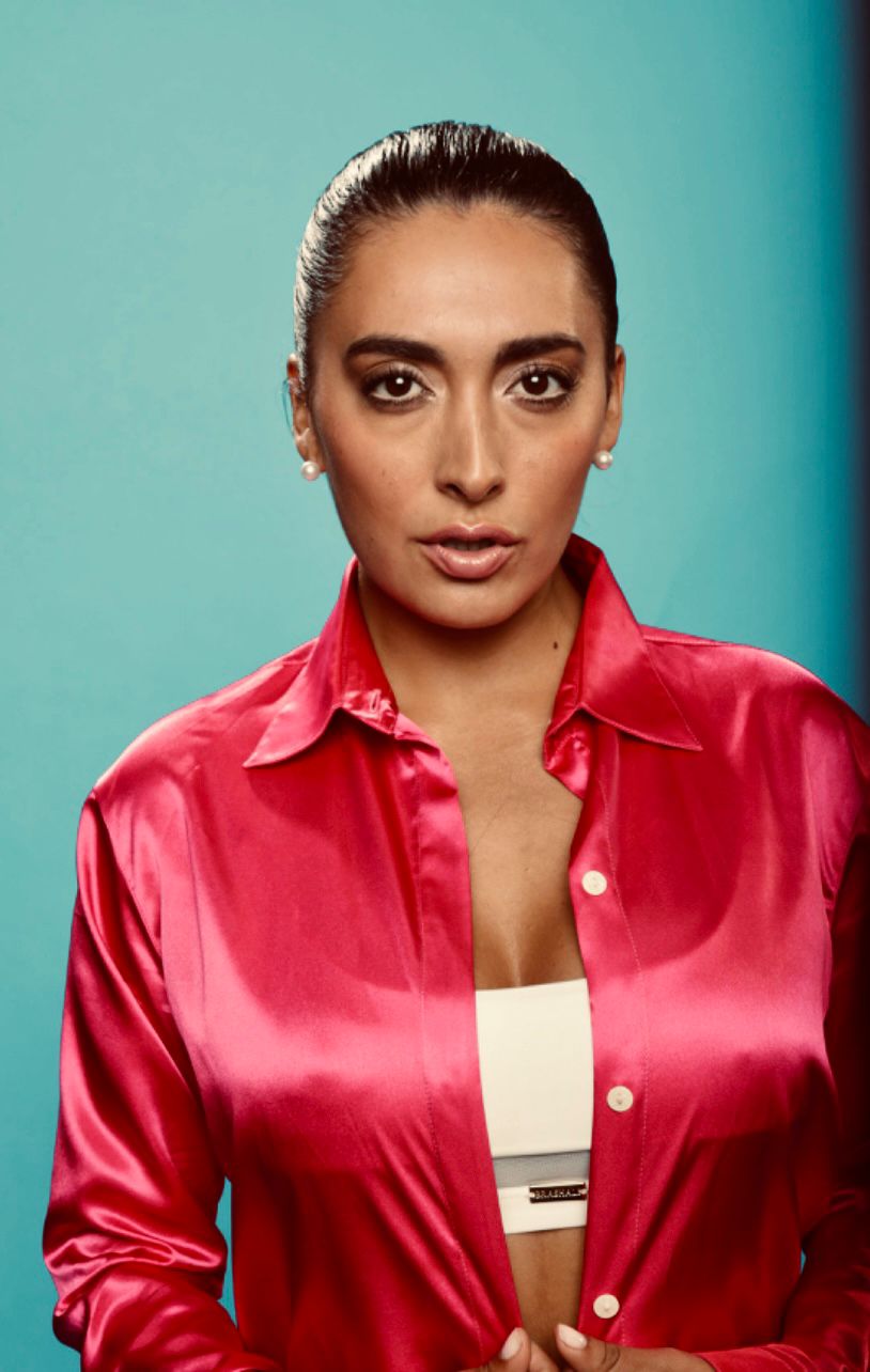 Fuchsia silk shirt — portrait on teal