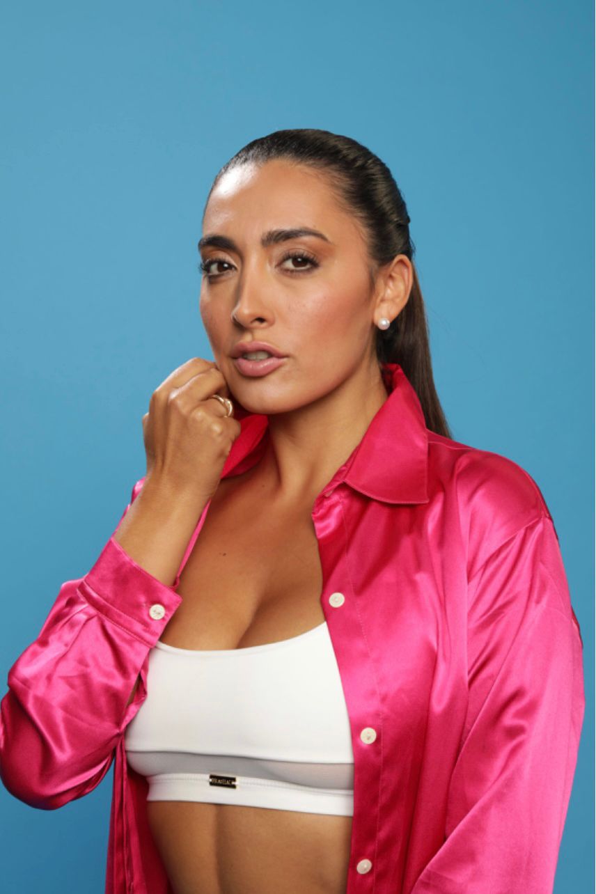 Fuchsia silk shirt over white bralette — cobalt studio